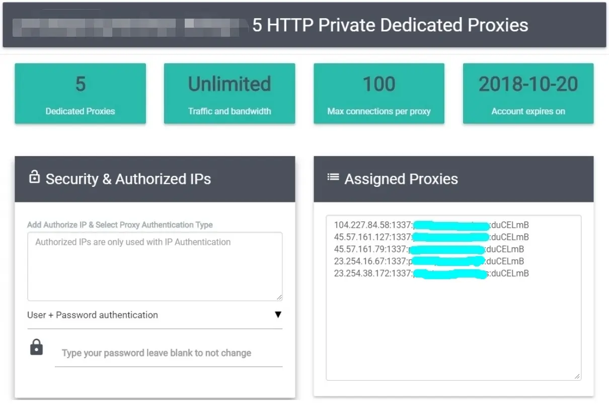 Our proxies detail with User + Password Authentication