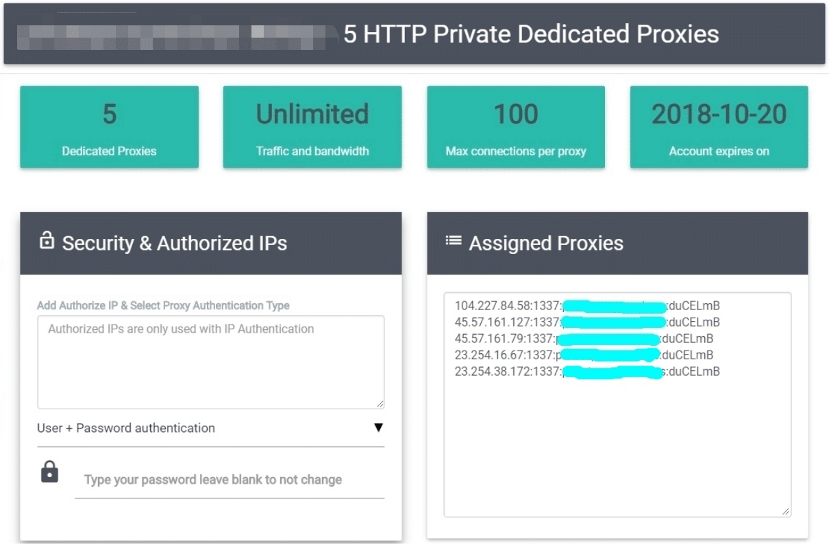 Our proxies detail with User + Password Authentication