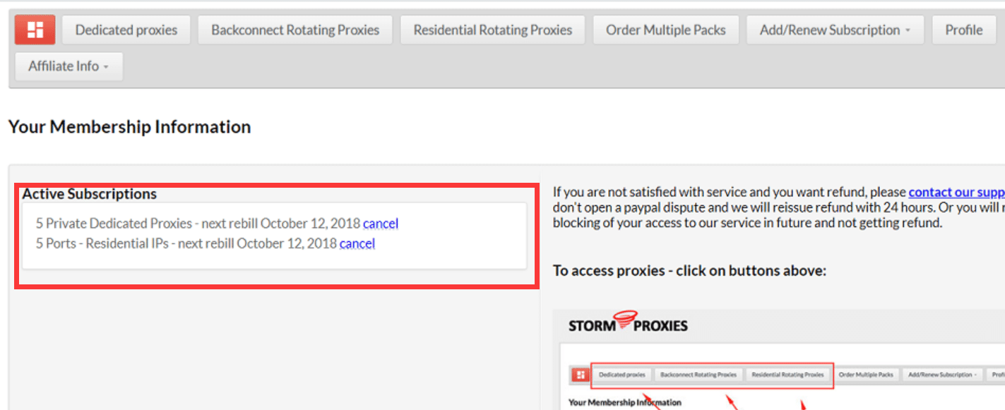 Our proxies subscriptions to stormproxies.com