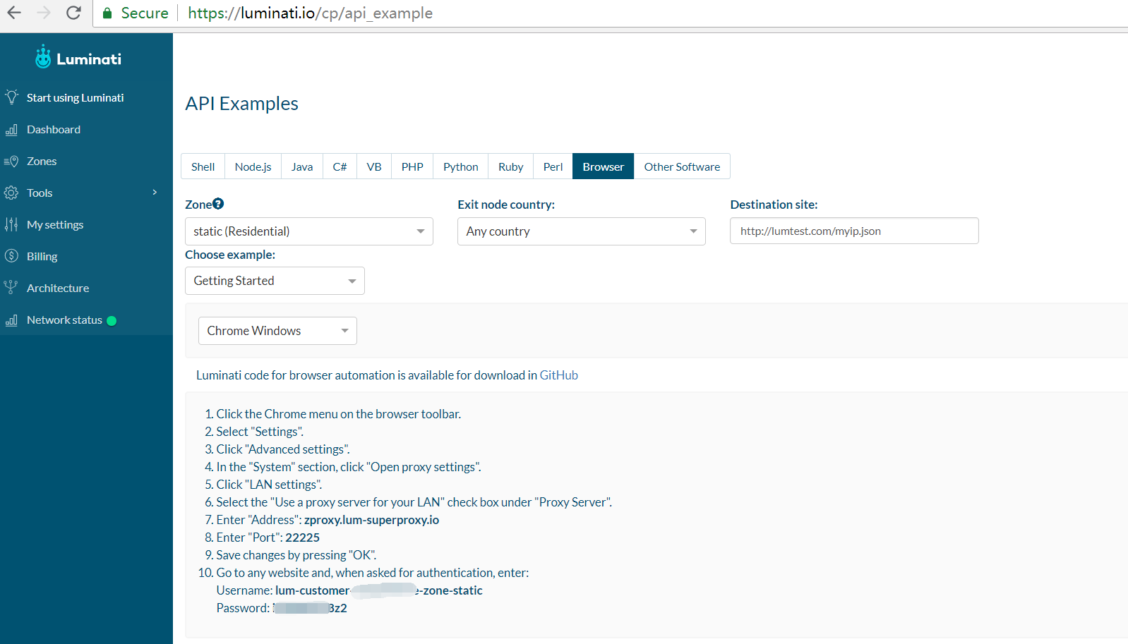 Sent proxy request via luminati API