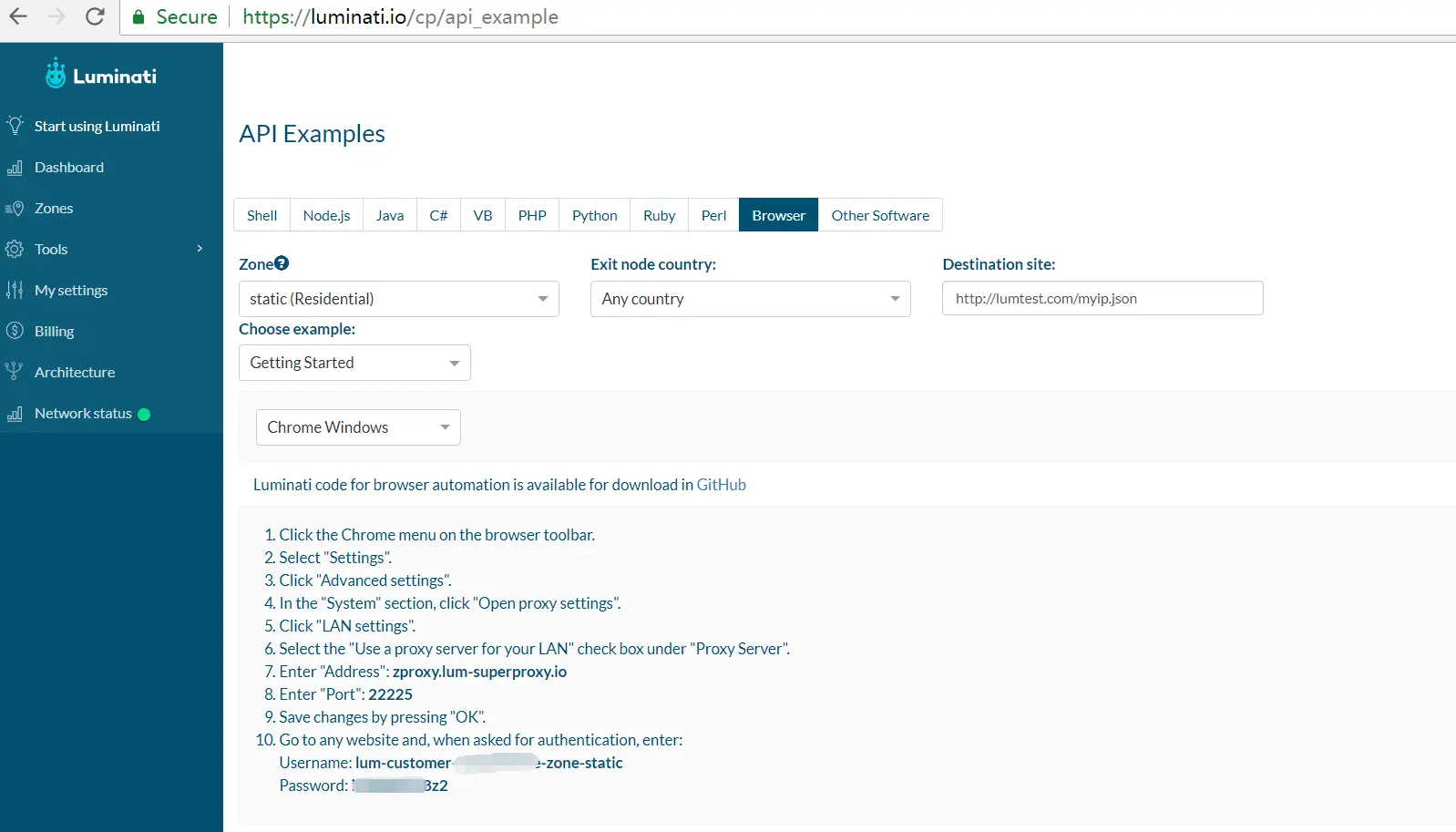 Sent proxy request via luminati API