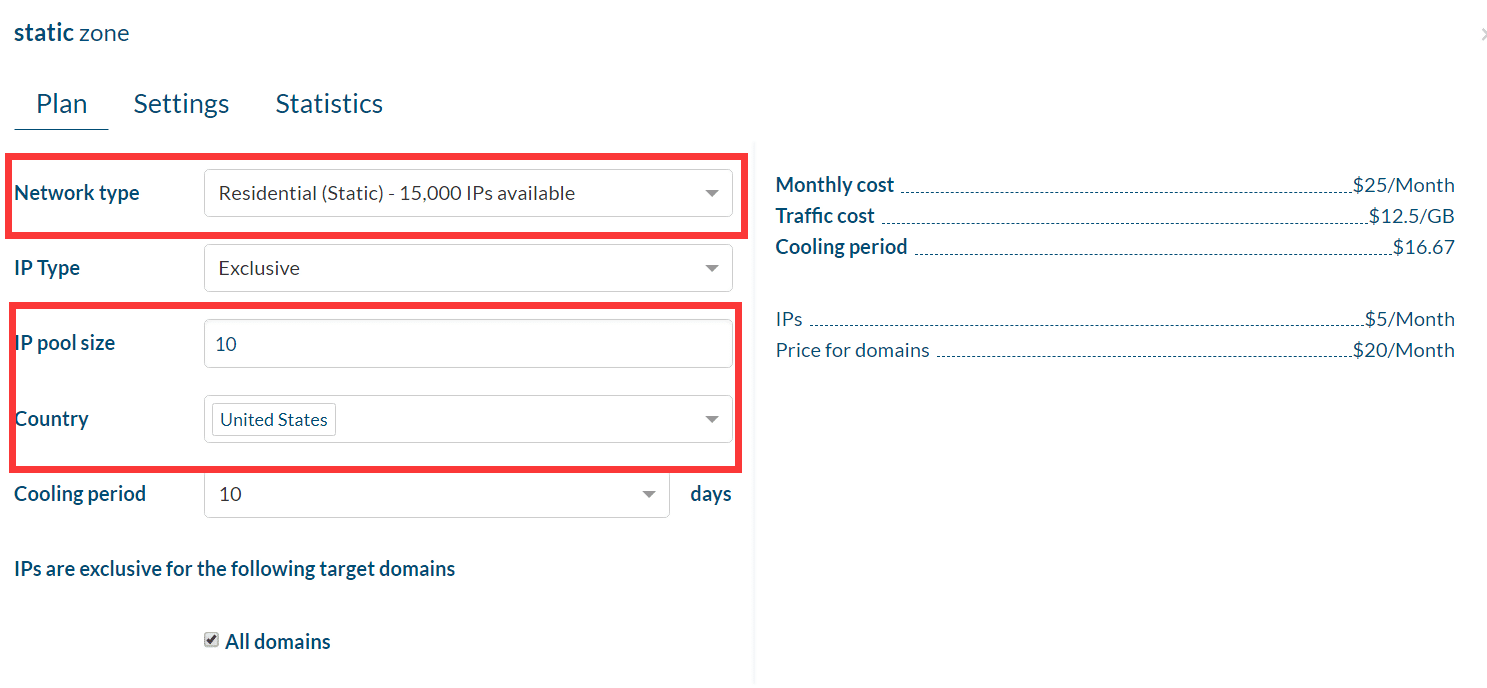 The user interface for the static residential proxies