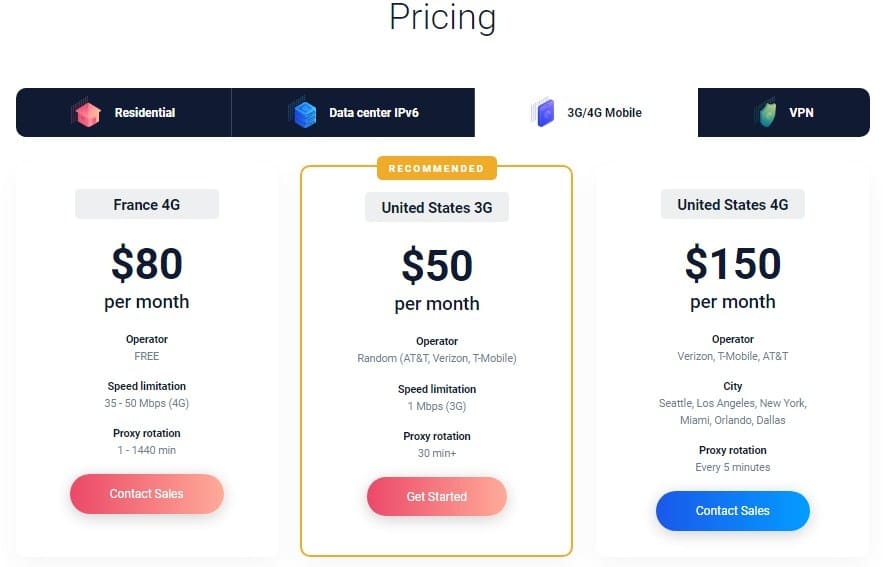 Proxy Cheap Mobile proxies Pricing