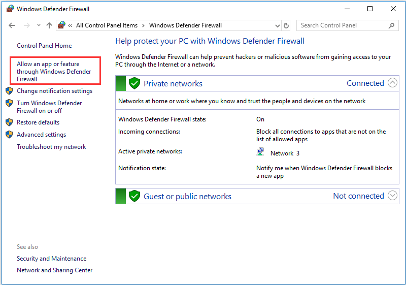 通过 Windows Defender 防火墙允许应用程序或功能