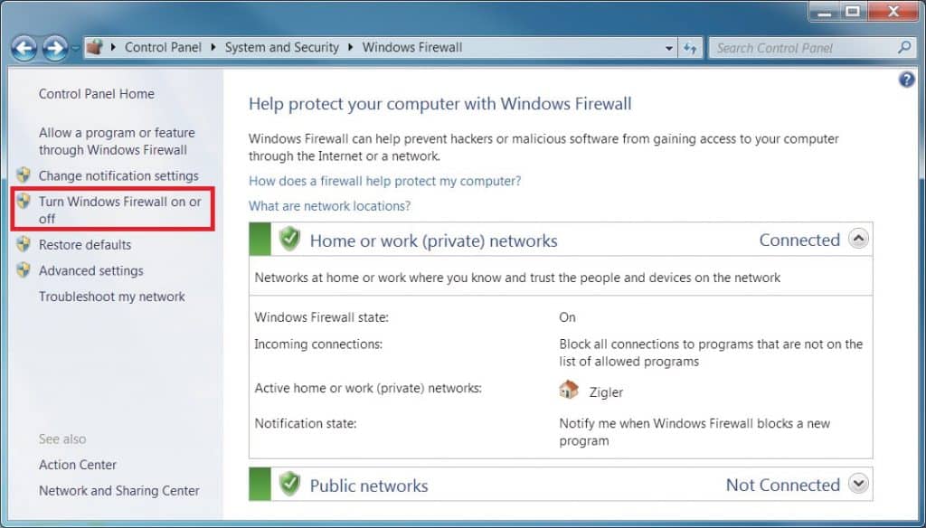 firewall section from the Control Panel