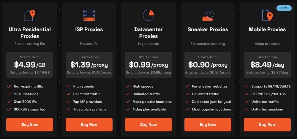 MarsProxies Types and Pricing