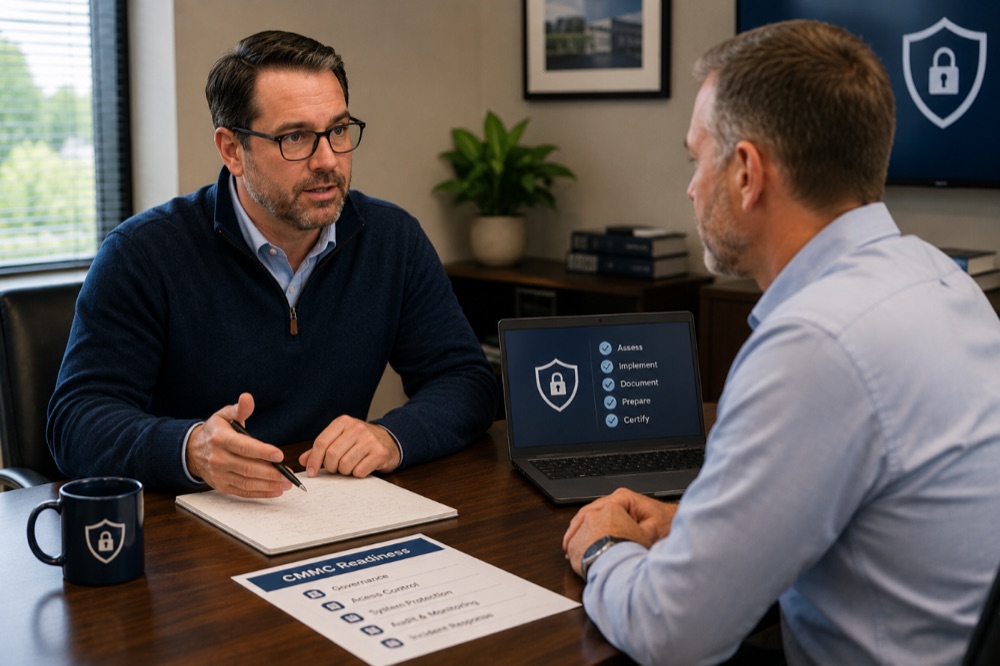 CMMC certification consultation between an IT advisor and a business leader